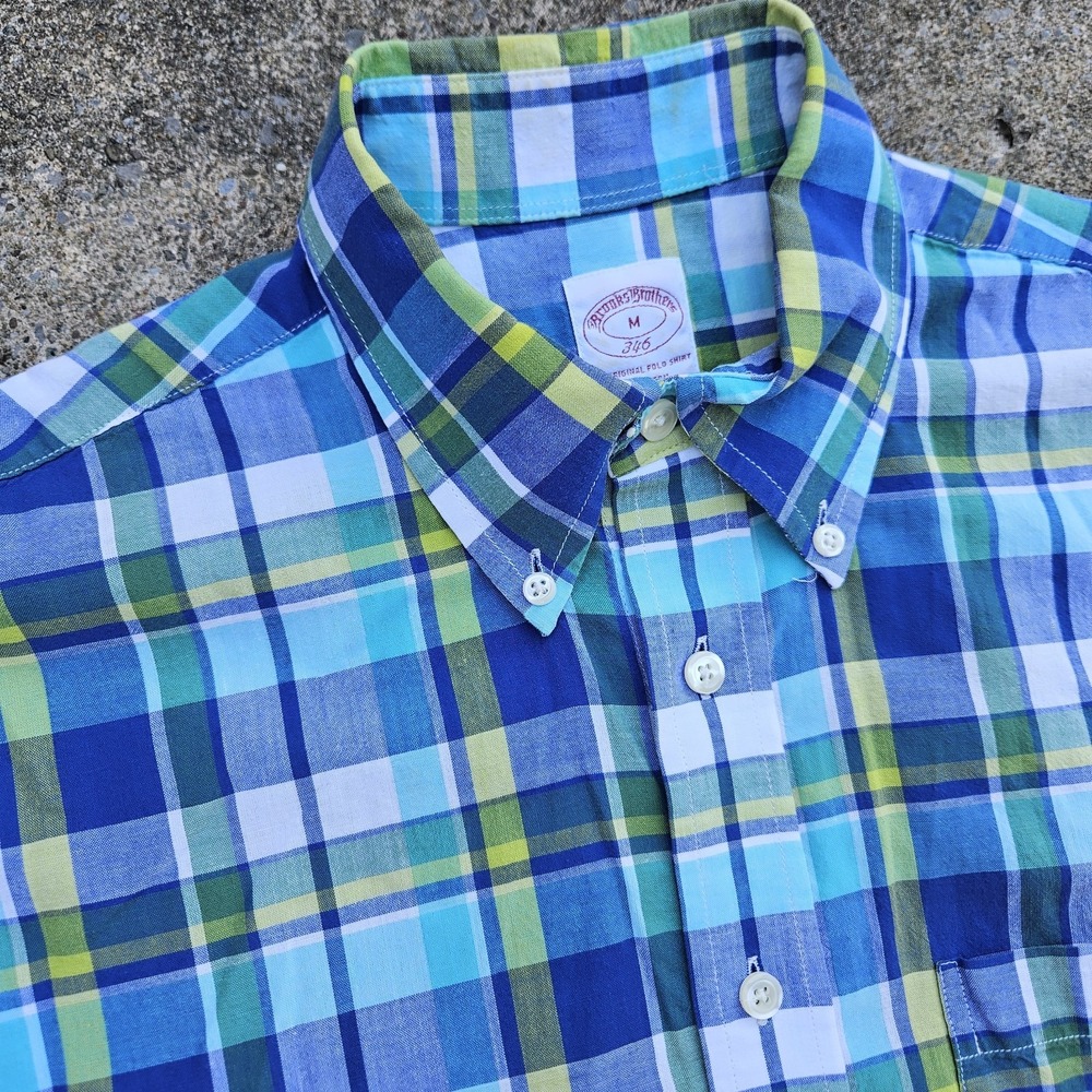 Brooks Brothers Cotton Original Polo Shirt Blue Plaid Check Size M Bright Preppy